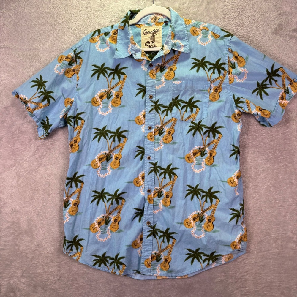 Coastal Mens Shirt Cotton Blue XL Ukulele Palm Tree Print Hawaiian Button Down - Picture 6 of 8